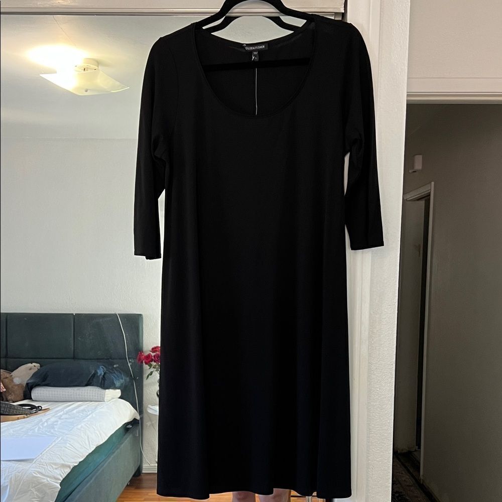 New Eileen Fisher silk black silk 3/4 sleeve scoop neck dress L